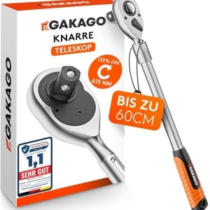 Antrenor extensibil cu clichet Gakago, 1/2", otel crom-vanadiu, 72 dinti, 615 Nm, 46-60 cm