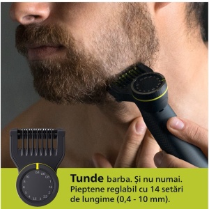 Aparat de ras (0,2mm) si tuns (0,4-10mm) PHILIPS OneBlade Pro QP6542/15, Fata&corp, pieptene cu 14 setari de lungime (0,4-10 mm), 2 accesorii pentru utilizare pe corp, 2 lame 360, 90 min (Li-ion), Resigilat, Grad A - Img 4