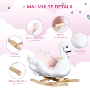Balansoar pentru copii design Lebada cu muzica, plus/lemn/metal, 60x32x55 cm, inaltime sezut 26cm, capacitate 30kg, varsta 18 luni+, 2 baterii LR44 incluse, roz/alb - Verificat A · Re-Bloom - Img 4