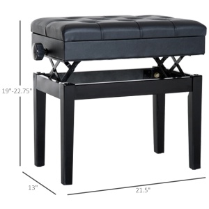 Bancuta pentru pian cu compartiment depozitare, lemn masiv/piele PU/spuma, 54.5x33x48-58 cm, inaltime reglabila, compartiment 50x29x4 cm, captuseala 3.5cm, capacitate 200kg, negru - Verificat A · Re-Bloom - Img 5