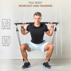 Belle Vous set Pilates bara 92 cm, 4 benzi de rezistenta 18-23 kg, 2 curele picioare, geanta transport 20x40 cm, otel/latex, negru - Verificat A · Re-Bloom - Img 2