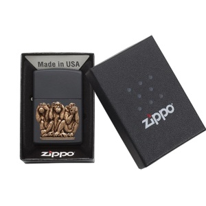 Bricheta Zippo Black Matte Emblem Attached Three Monkeys, Resigilat, Grad A
