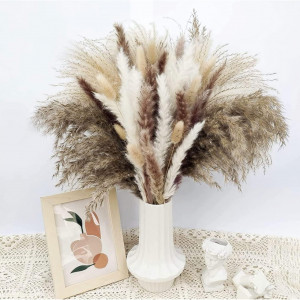 Buchet de 73 fire pampas Sunshine Smile, flori uscate, alb/maro, 43 cm 