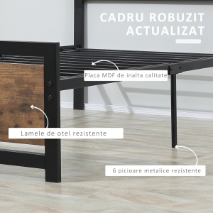 Cadru de pat single stil industrial, otel/MDF, 97x208x103 cm, sipci incluse, capacitate 150kg, negru/maro rustic - Verificat A · Re-Bloom - Img 6