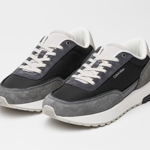 CALVIN KLEIN, Pantofi sport din piele cu garnituri de piele intoarsa, Negru, Alb optic, Gri inchis, 37.5, Resigilat, Grad A