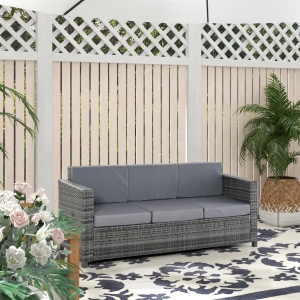 Canapea de exterior 3 locuri, ratan PE/metal/poliester, 185x70x80 cm, sezut 165x60cm/inaltime 35cm, perne sezut 10cm + spatar 8cm cu huse detasabile, capacitate 180kg/loc, gri - Verificat A · Re-Bloom - Img 2