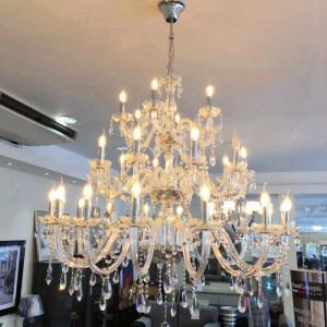 Candelabru Gerke, 32 lumini, metal/sticla/cristal, transparent/argintiu, 120 x 150 x 160 cm