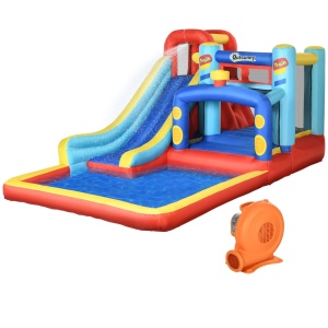 Castel gonflabil 4in1 cu tobogan, piscina, trambulina, suflanta, 435x245x200cm, Albastru/Rosu/Galben - Verificat A · Re-Bloom