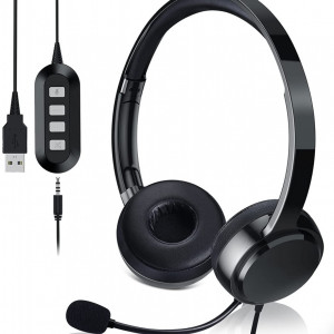 Casti audio cu microfon Generic, metal/spuma cu memorie/piele, negru, mufa USB/3,5 mm - Img 1