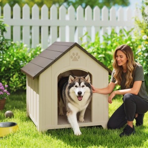 Casuta pentru caini de exterior talie mare/XL, PP impermeabil, 102x94x103 cm, interior 95x82x91cm, usa 42x63cm, ferestre 14x12cm, picioare 5cm, potrivita animale <75cm/<40kg, bej/maro inchis - Verificat A · Re-Bloom - Img 2