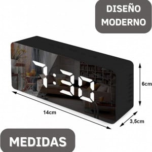 Ceas digital cu alarma Zamnes, USB, desing oglinda, negru, 14 x 6 x 3.5 cm