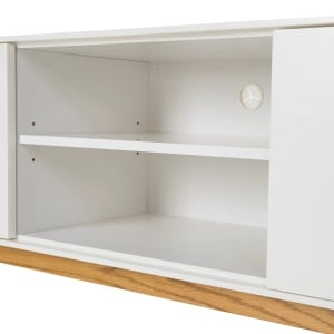 Comoda TV Lindholm, MDF/lemn masiv de stejar, alb/natur, 160 x 59 x 40 cm