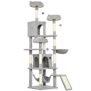 Copac de zgariat pentru pisici Re-Bloom, PAL/plush/bumbac PP/sisal, 48x48x192 cm, 2 hamace+3 platforme+2 casute+3 locuri odihna+scara, gri deschis/alb crem - Verificat A · Re-Bloom