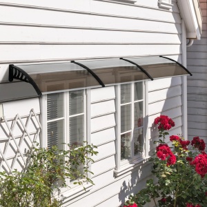 Copertina de exterior pentru usa/fereastra, policarbonat 5mm/aluminiu/PP, 303x96x27 cm, suport perete 96x27 cm, set suruburi inclus, negru - Verificat A · Re-Bloom - Img 2