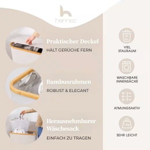 Coș de rufe Hennez,textil/lemn 140 l, Bej, 2 compartimente, Resigilat, Grad A - Img 2