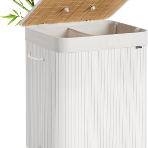 Cos pentru rufe Songmics, 2 compartimente, bumbac/tesatura, alb/natur, 50 x 40 x 61 cm, Resigilat, Grad A