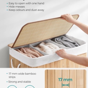Cos pentru rufe Songmics, 3 compartimente, bambus/textil/metal, natur, 60 x 40 x 61,5 cm, Resigilat, Grad A - Img 4
