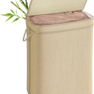 Cos pentru rufe Songmics, bambus/metal/piele PU, natur, 48 x 32 x 61 cm, 90L