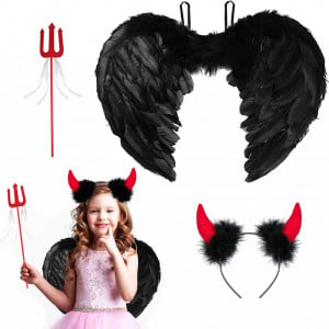 Costum pentru copii de Halloween Myybx, textil/plastic/pene, negru/rosu, 3 piese