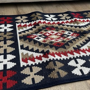 Covor traditional, cu doua fete,bleumarin-bej, dimensiunea 80x200 cm - Img 4