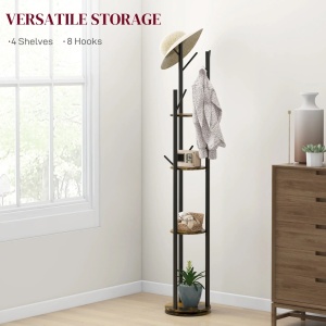 Cuier rotativ 8 carlige 4 rafturi, diametru 30 cm, inaltime 175 cm, PAL/otel, design industrial, maro rustic/negru - Verificat A · Re-Bloom - Img 2