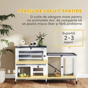 Cusca pe 2 niveluri pentru iepuri Re-Bloom, cu roti, lemn masiv/otel, alb/gri, 147 x 45 x 89,5 cm, Resigilat, Grad A - Img 2