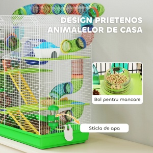 Cusca pentru hamsteri cu 5 niveluri, metal/PP/PS, 47x30x59 cm, tuba colorate, roata Ø13cm, casuta 14x9.5x9.5cm, bol + adapator 75ml incluse, verde - Verificat A · Re-Bloom - Img 5