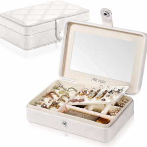 Cutie de bijuterii cu oglinda Allinside, alb, piele artificiala, 16,5 x 11,5 x 5,5 cm