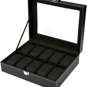 Cutie de depozitare cu capac de sticla pentru 10 ceasuri H&S, sticla/piele PU, negru, 22,5 x 7,5 x 20,5 cm, Resigilat, Grad A - Img 1