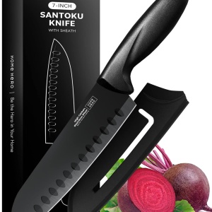 Cutit Santoku Home Hero, cu teaca, maner ergonomic, lama din inox, negru, 18 cm