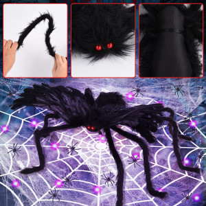 Decor de Halloween iluminat cu panza si paianjen gigant Herefun, plastic/textil, negru/mov