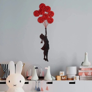 Decor de perete model fetita cu baloane, metal/muschi 100x34 cm, grosime 1.5mm, lucrat manual, rosu/negru - Verificat A · Re-Bloom - Img 3
