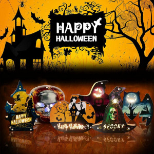 Decoratiune pentru Halloween, LED, model fantoma, lemn, multicolor, 20 x 20 cm - Img 7