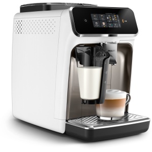 Espressor automat Philips EP2333/40 seria 2300, LatteGO, 4 tipuri de bauturi, ecran tactil intuitiv, tehnologie SilentBrew, Aplicatie HomeID, rasnita ceramica, negru/alb
