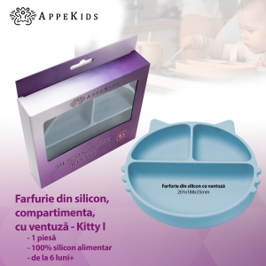 Farfurie compartimentata din silicon cu ventuza, AppeKids - Kitty - Aqua Blue - Img 2