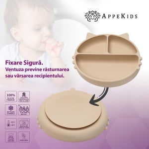 Farfurie compartimentata din silicon cu ventuza, AppeKids - Kitty - Bubble Beige - Img 3