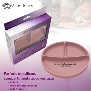 Farfurie compartimentata din silicon cu ventuza, AppeKids - Old Rose - Img 2