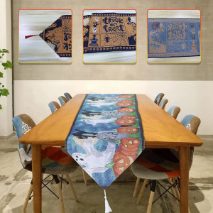 Fata de masa pentru Halloween Gxhong, maro deschis/albastru inchis, plastic, 35 x 180 cm - Img 5