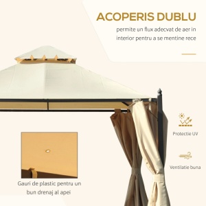 Foisor de gradina 3x3m cu acoperis dublu si 4 perdele laterale cu fermoar, fier/poliester PA hidrofug, 300x300cm, streasina 200cm/varf 270cm, 8 gauri drenaj, 8 tarusi inclusi, bej - Verificat A · Re-Bloom - Img 6