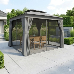 Foisor de gradina cu 2 niveluri, plasa tantari si perdele, 380x300x270 cm, acoperis UPF30+, coloane metal vopsit electrostatic, gri inchis - Verificat A · Re-Bloom - Img 4