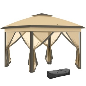 Foisor pliabil cu plasa de tantari si baldachin dublu, otel/Oxford/Mesh, 330x330x288 cm, streasina 198cm, pliat 21.5x21.5x116cm, 4 corzi + 8 cuie + geanta transport incluse, bej - Verificat A · Re-Bloom