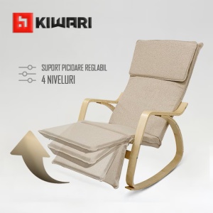 Fotoliu balansoar Kiwari® Zein, suport picioare, cadru metalic cu brate din lemn, 120x67x90 cm, material textil poliester, husa detasabila, Bej, Resigilat, Grad A - Img 2