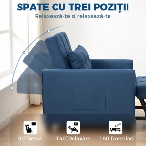 Fotoliu reclinabil Re-Bloom, textil efect in/otel/eucalipt/spuma, fotoliu 69x82x85 cm, pat 53x170x45 cm, perna inclusa, 150 kg, albastru - Verificat A · Re-Bloom - Img 5