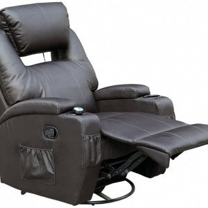 Fotoliu recliner Cinemo, cu masaj, incalzire, rotativ si cu suport pentru bauturi, piele naturala, negru - Img 6