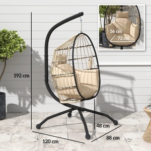 Fotoliu suspendat tip ou pliabil, otel/franghe PP/poliester/bumbac, 120x88x192 cm, cos 76x63x106 cm, 2 perne detasabile, suport pahar, lant reglabil, baza X otel, capacitate 120kg, interior/exterior, bej - Verificat A · Re-Bloom - Img 3