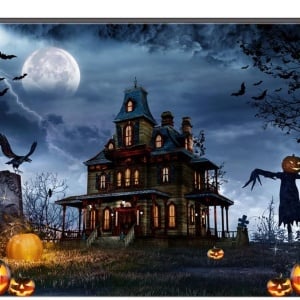 Fundal foto pentru Halloween Aiikes, model casa bantuita, vinil, multicolor, 210 x 150 cm