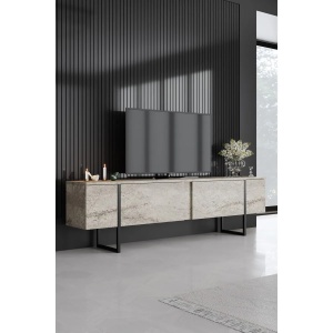 Hanah Home comoda TV 180x30x50 cm, PAL 18mm melaminat, picioare metal, travertin si negru - Verificat A · Re-Bloom - Img 2