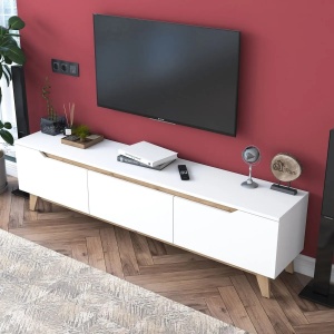 Hanah Home comoda TV, PAL melaminat 18mm, 180x35x48.6 cm, montare perete, alb/nuc - Verificat A · Re-Bloom - Img 3