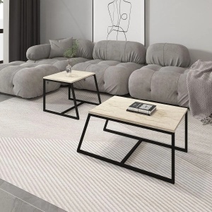 Hanah Home set 2 masute de cafea, PAL 18mm melaminat, cadru metal, masuta mare 75x50x38 cm si masuta mica 55x57x45 cm, travertin si negru - Verificat A · Re-Bloom - Img 3