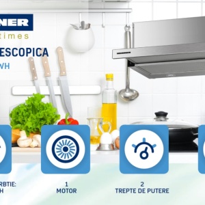 Hota telescopica Heinner HTCH-F400WH, Putere de absorbtie 358.4 m3/h, 1 motor, Iluminare LED, 59.5 cm, Alb - Img 2